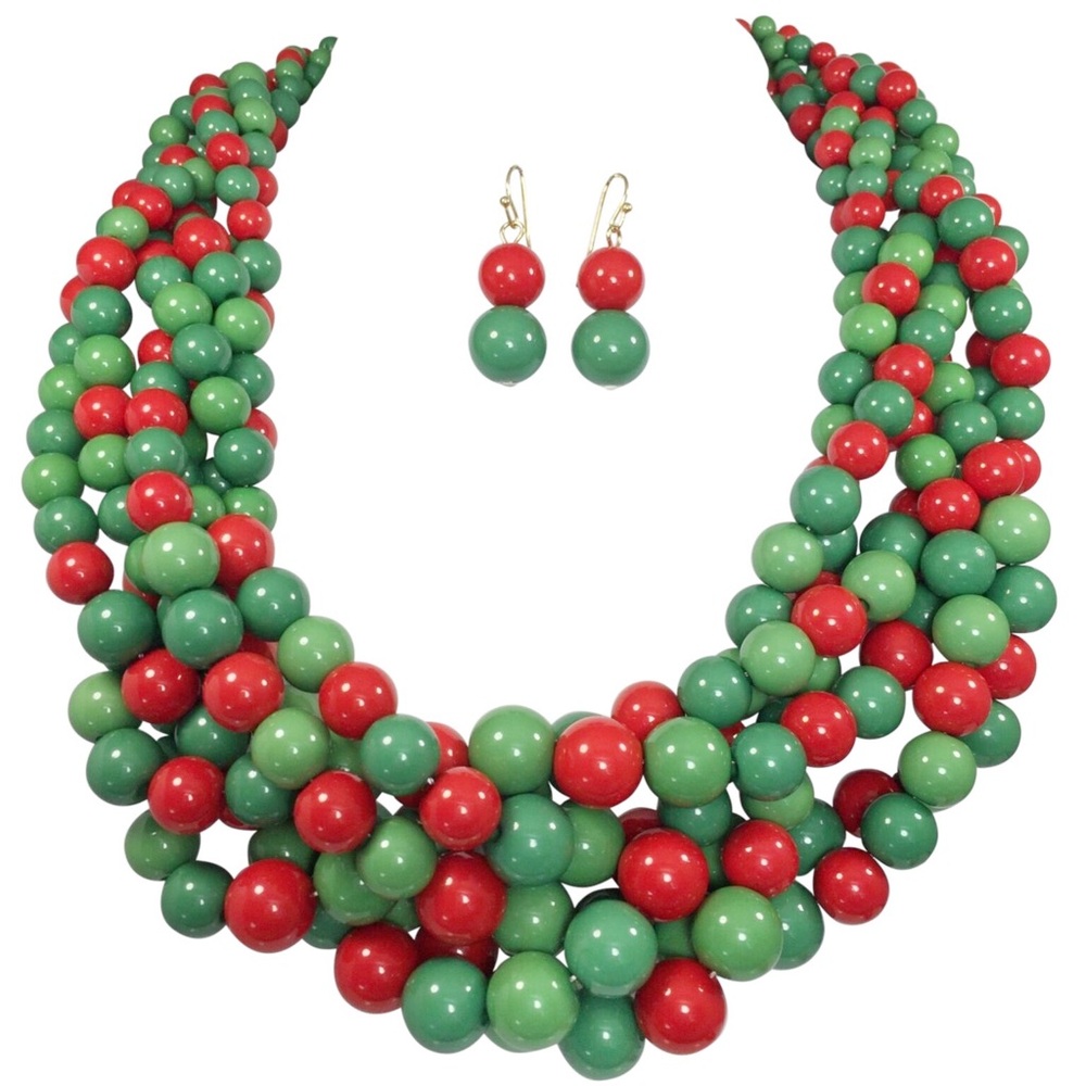 Red & Green Chunky Bead Braided Necklace Earrings Set Christmas